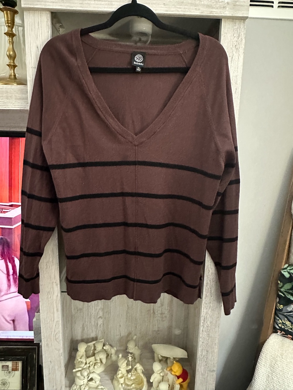 bobeau Brown V-Neck Sweater with Black Stripes